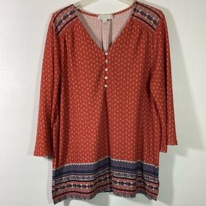 Suzanne Betro Top Women Size XL Navy & Rust V Neck Back Pleat Soft 3/4 Sleeves